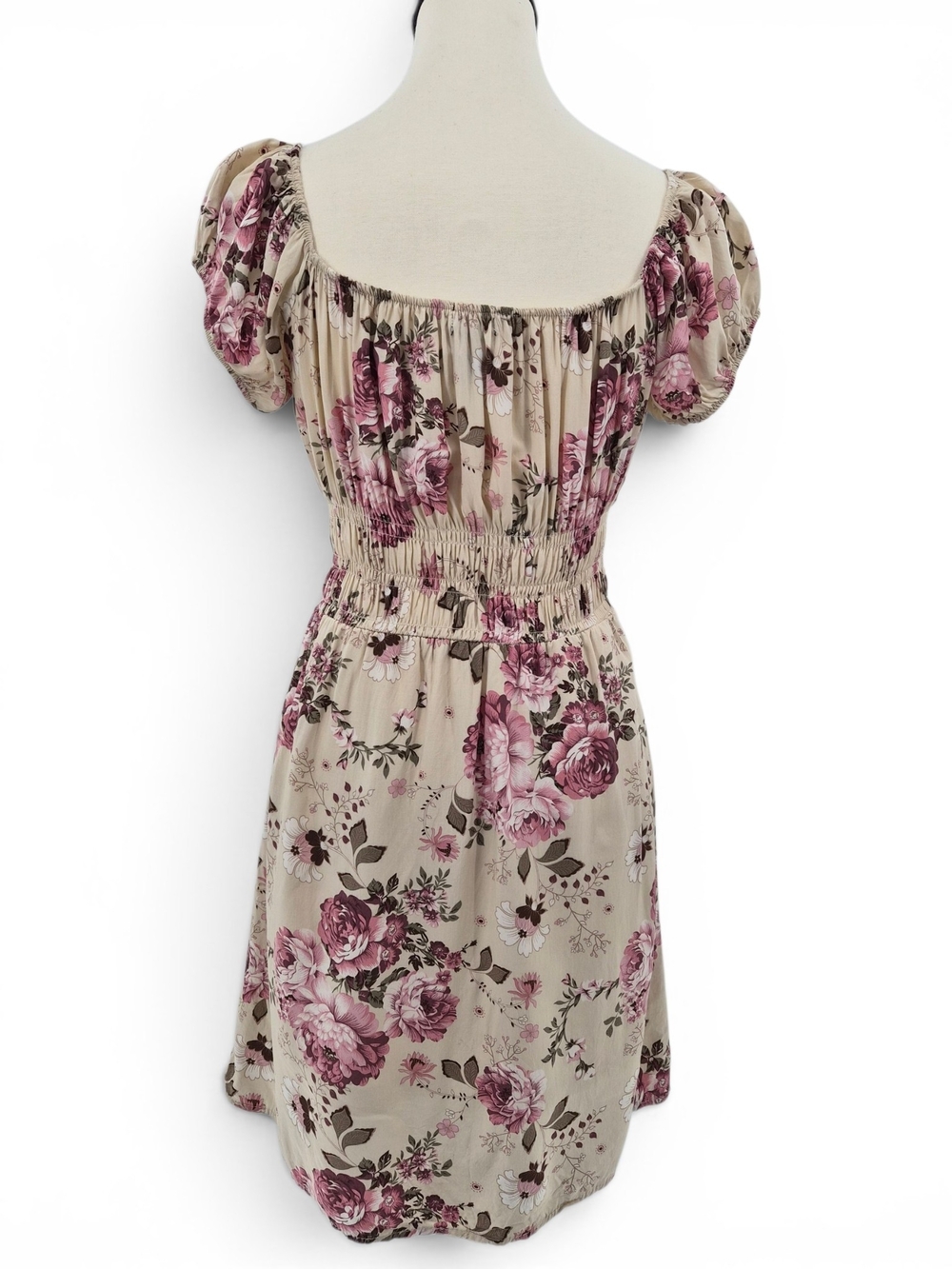 Cream Floral Mini Dress S Puff Sleeve Smocked Waist Coquette Cottagecore Prairie - Picture 5 of 14